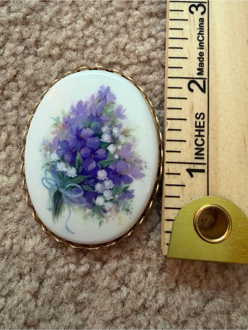 Vintage Henry Brandt Porcelain Brooch Purple Violets Floral Gold Tone 2.25”